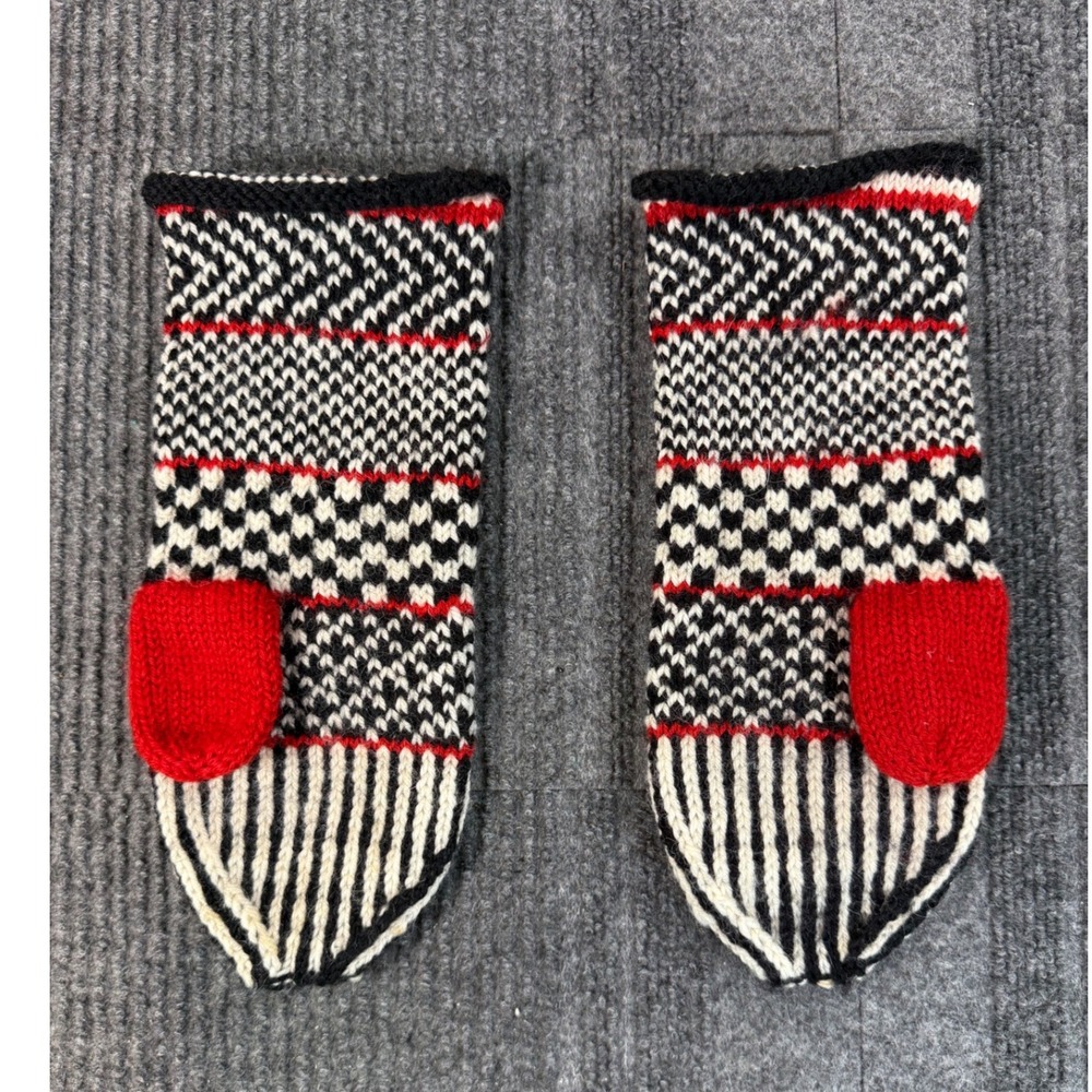 Handmade Fair Isle Knit Mittens Black White Red Geometric Nordic Winter Gloves